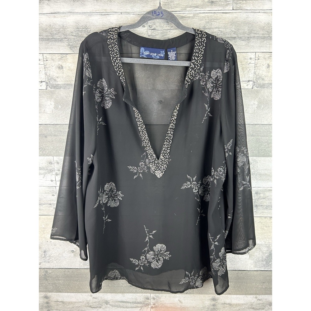 Susan Graver Black Sheer Deep Beaded Neck Line Long Sleeve Blouse 1X